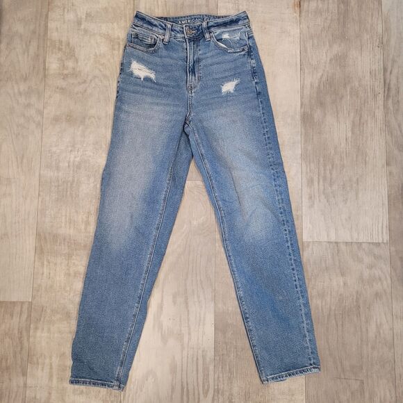 American Eagle Mom Straight Jeans Size 0 (24x27) Blue Medium Wash Denim Pants - Picture 1 of 7